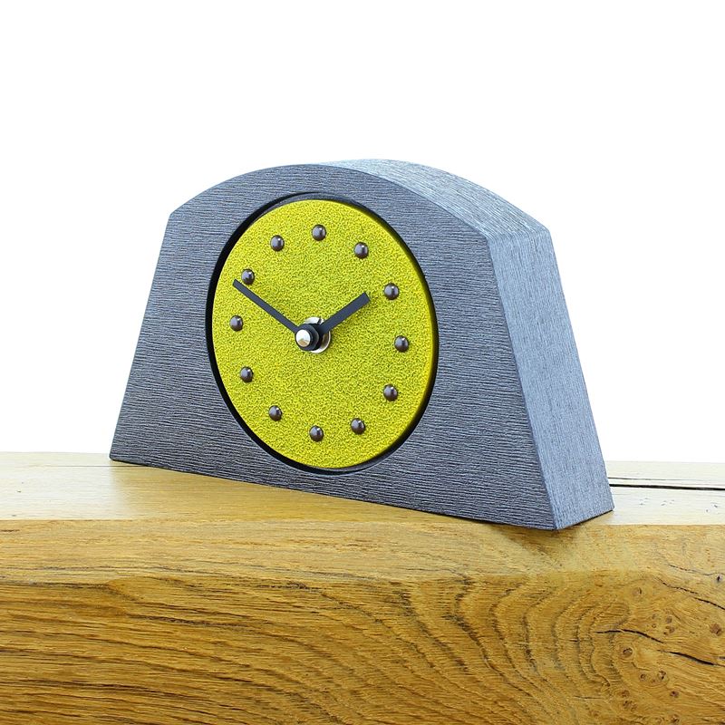 Arched Yellow Mantel Clock, Pewter Frame, Antique Studs, Black Hands