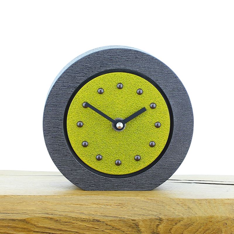 Round Yellow Mantel Clock, Pewter Frame, Antique Studs, Black Hands