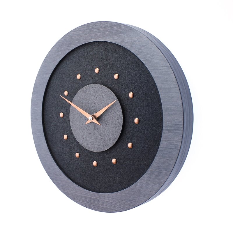 Black Wall Clock with Metallic Grey Centre in Pewter Coloured Frame, Copper Studs and Hands.
