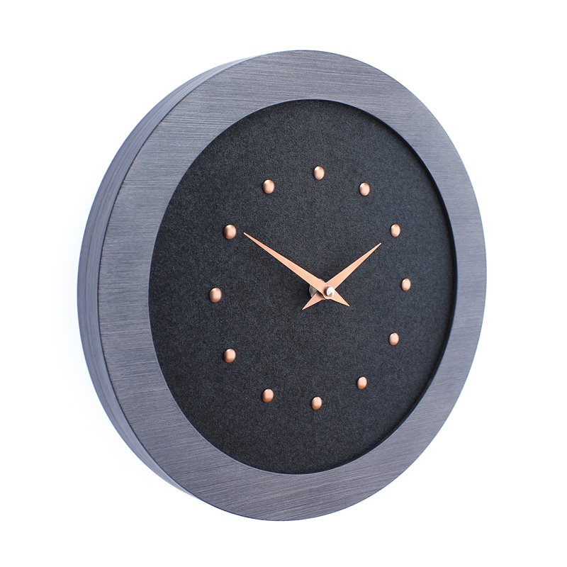Black Wall Clock in Pewter Coloured Frame, Copper Studs and Hands.