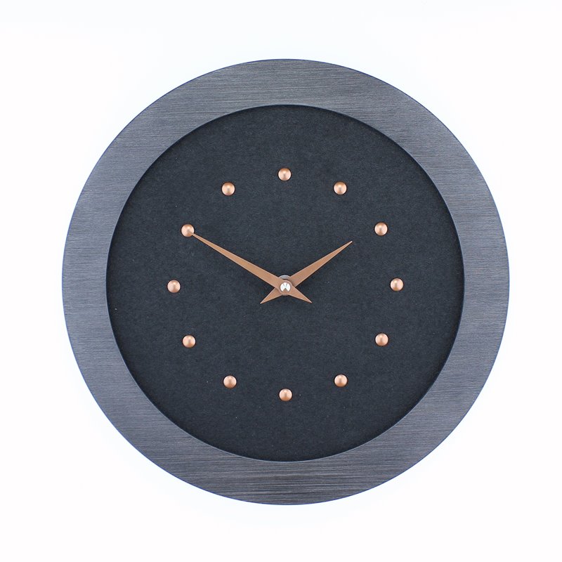 Black Wall Clock in Pewter Coloured Frame, Copper Studs and Hands.
