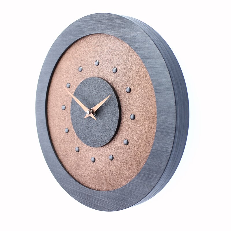 Bright Copper Coloured Wall Clock with Metallic Grey Centre in Pewter Coloured Frame, Pewter Studs and Copper Hands.