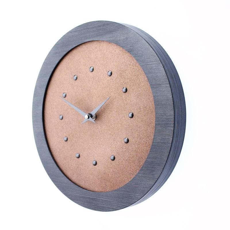 Bright Copper Coloured Wall Clock in Pewter Coloured Frame, Pewter Coloured Studs and Hands.
