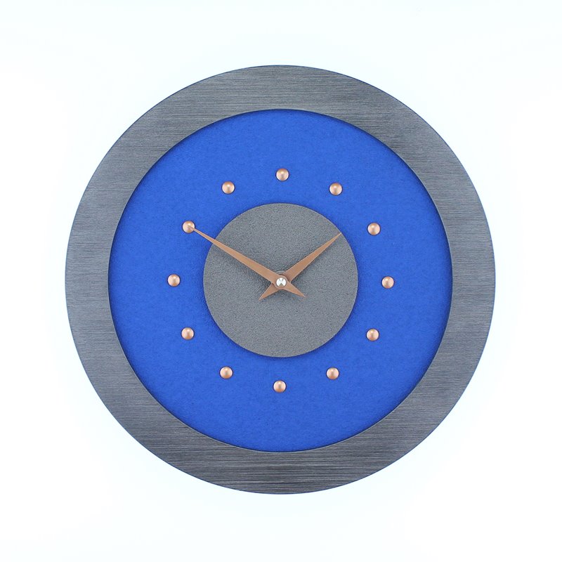 Dark Blue Wall Clock with Metallic Grey Centre in Pewter Coloured Frame, Copper Studs and Hands.