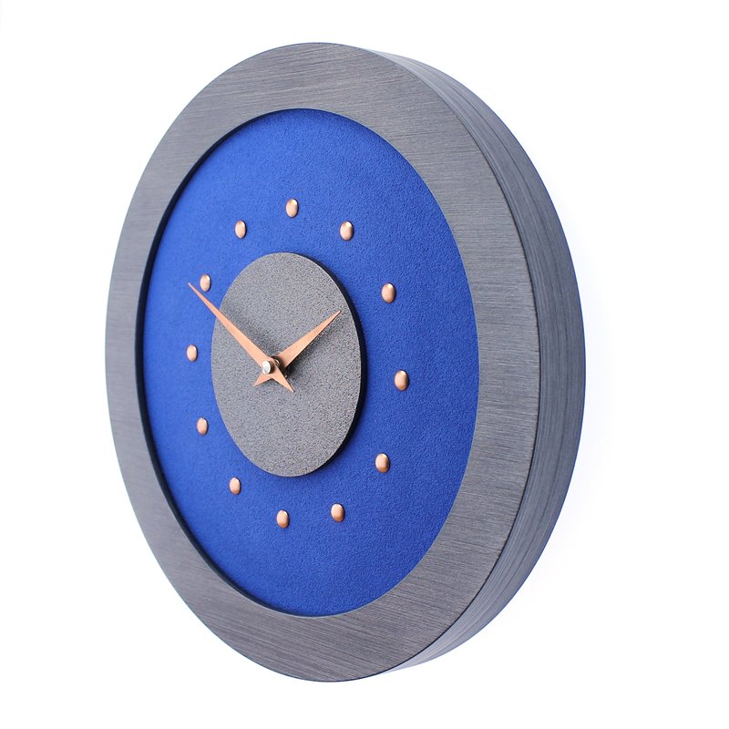 Dark Blue Wall Clock with Metallic Grey Centre in Pewter Coloured Frame, Copper Studs and Hands.