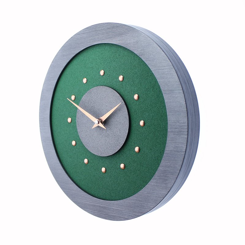 Dark Green Wall Clock with Metallic Grey Centre in Pewter Coloured Frame, Copper Studs and Hands.