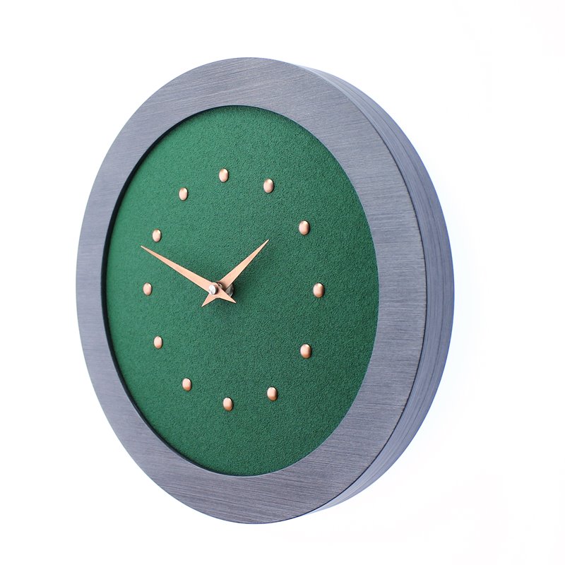Dark Green Wall Clock in Pewter Coloured Frame, Copper Studs and Hands.