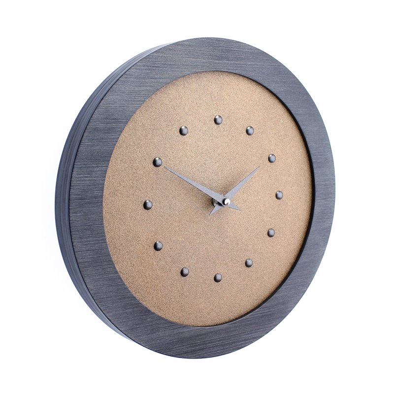 Dull Copper Wall Clock in Pewter Coloured Frame, Pewter Studs and Hands.