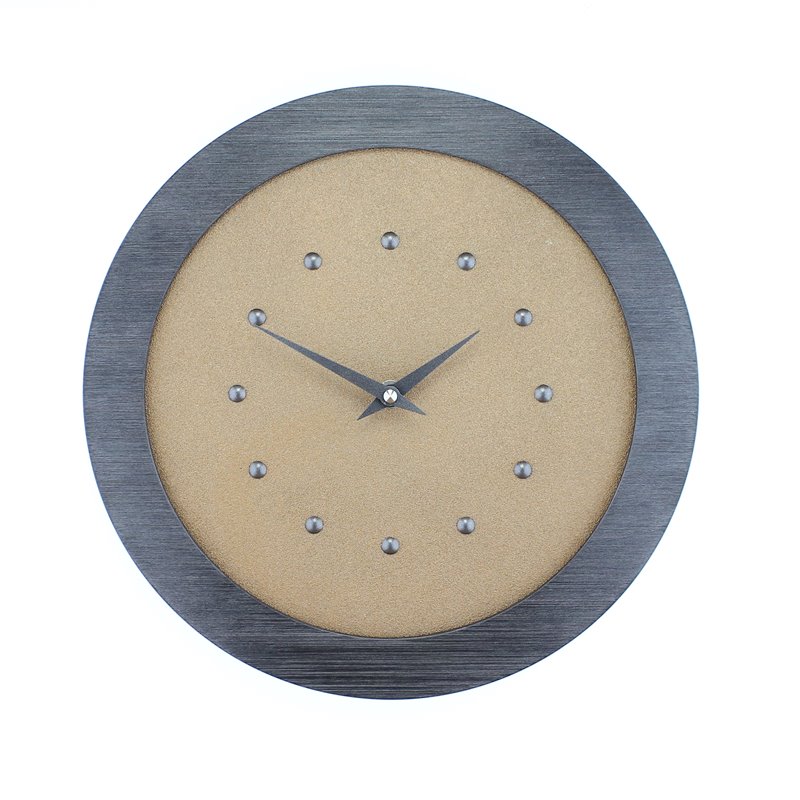 Dull Copper Coloured Wall Clock in Pewter Coloured Frame, Pewter Coloured Studs and Hands.
