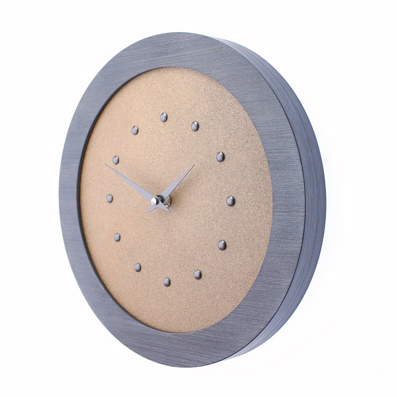 Dull Copper Coloured Wall Clock in Pewter Coloured Frame, Pewter Coloured Studs and Hands.