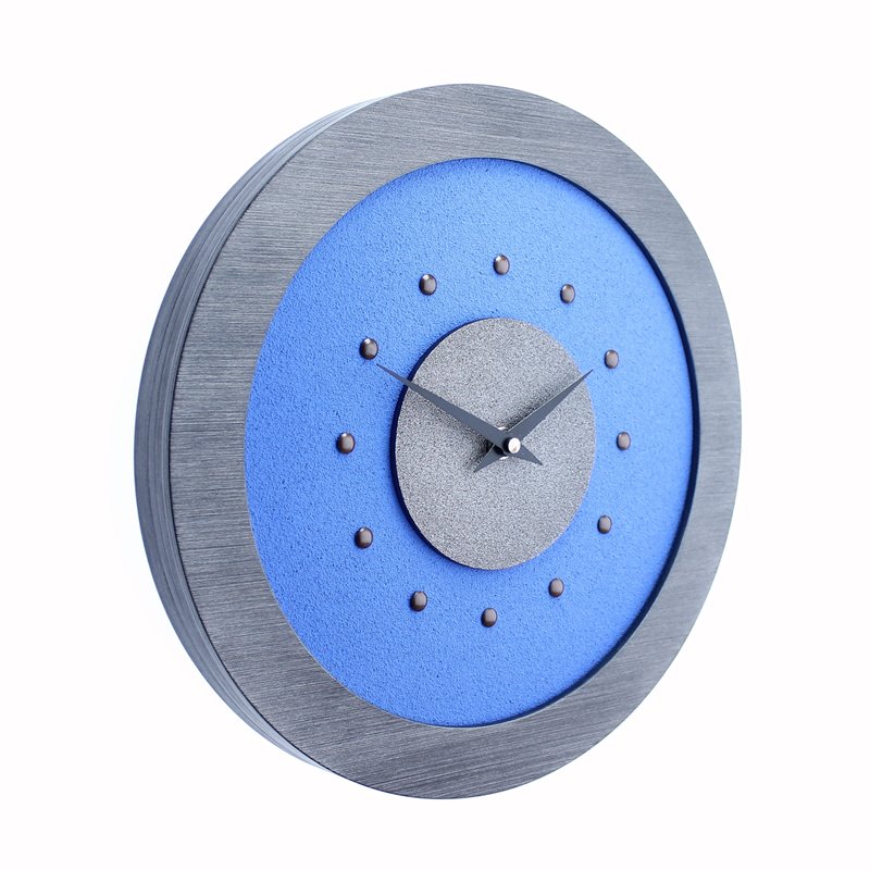 Light Blue Wall Clock with Metallic Grey Centre in Pewter Coloured Frame, Antique Studs and Black Hands.