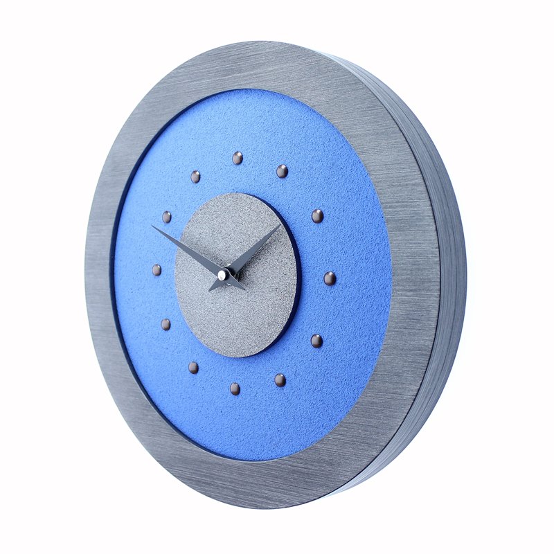 Light Blue Wall Clock with Metallic Grey Centre in Pewter Coloured Frame, Antique Studs and Black Hands.
