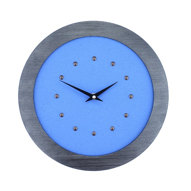 Light Blue Wall Clock in Pewter Coloured Frame, Antique Studs and Black Hands.