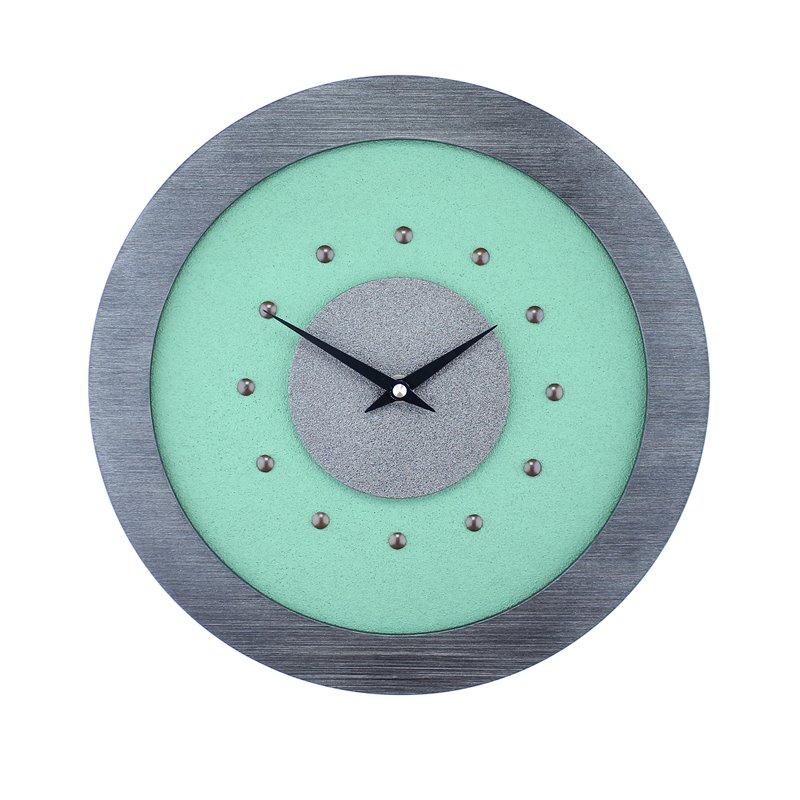 Light Green Wall Clock with Metallic Grey Centre in Pewter Coloured Frame, Antique Studs and Black Hands.