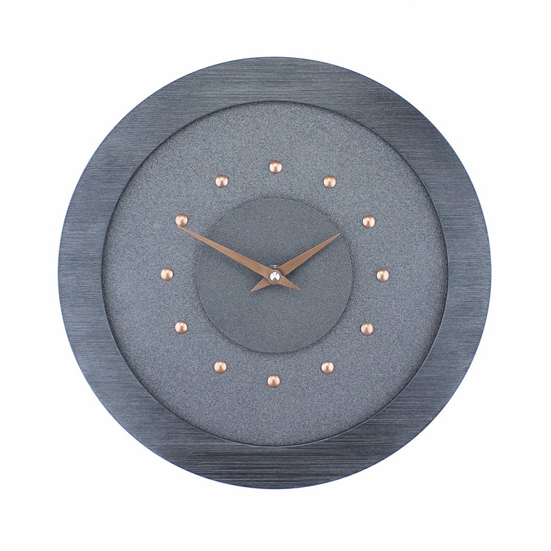 Metallic Gray Wall Clock with Metallic Grey Centre in Pewter Coloured Frame, Copper Studs and Hands.