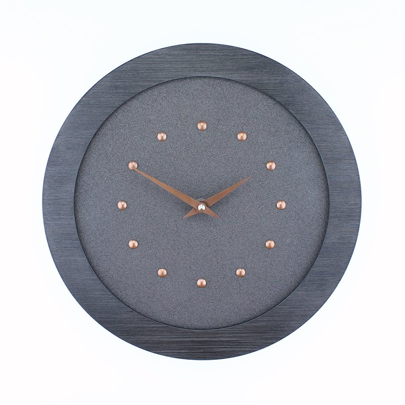 Metallic Gray Wall Clock in Pewter Coloured Frame, Copper Studs and Hands.