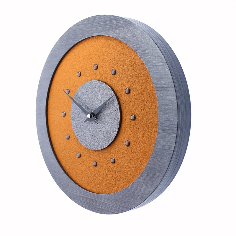 Orange Wall Clock with Metallic Grey Centre in Pewter Coloured Frame, Antique Studs and Black Hands.