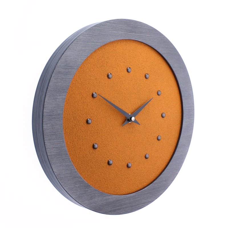 Orange Wall Clock in Pewter Coloured Frame, Antique Studs and Black Hands.