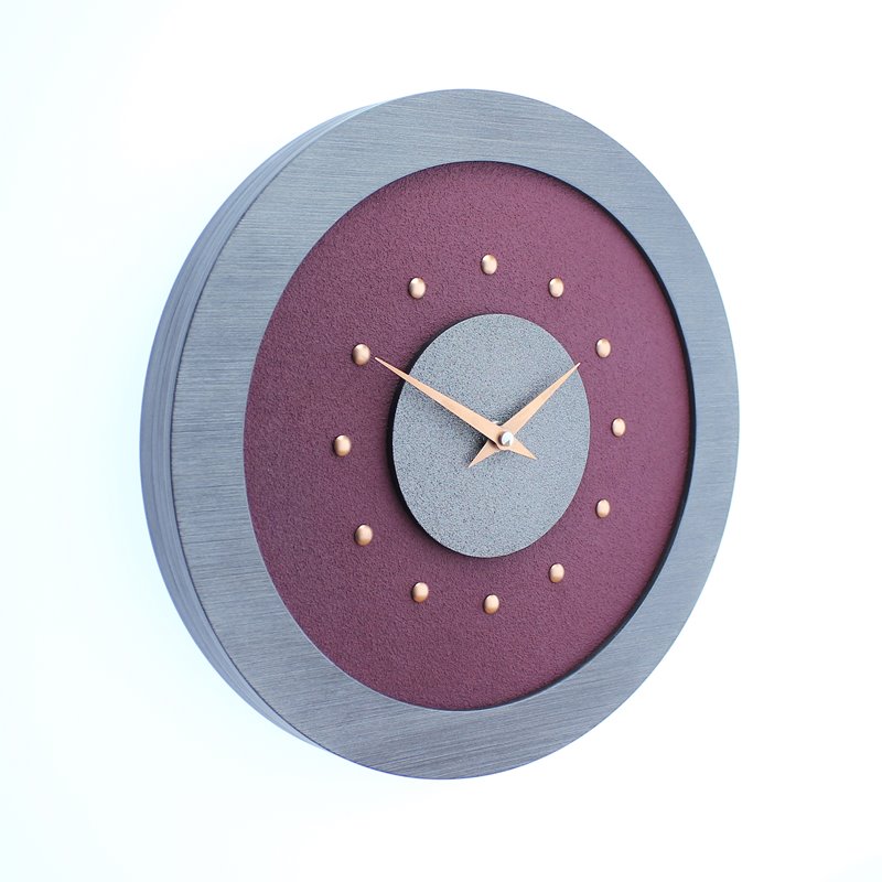 Purple Wall Clock with Metallic Grey Centre in Pewter Coloured Frame, Copper Studs and Hands.