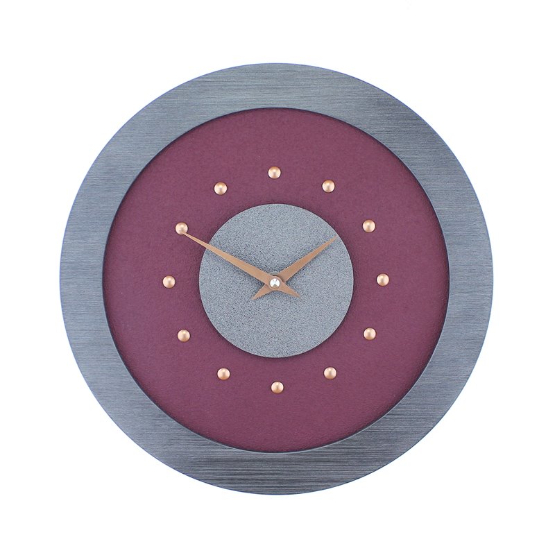 Purple Wall Clock with Metallic Grey Centre in Pewter Coloured Frame, Copper Studs and Hands.