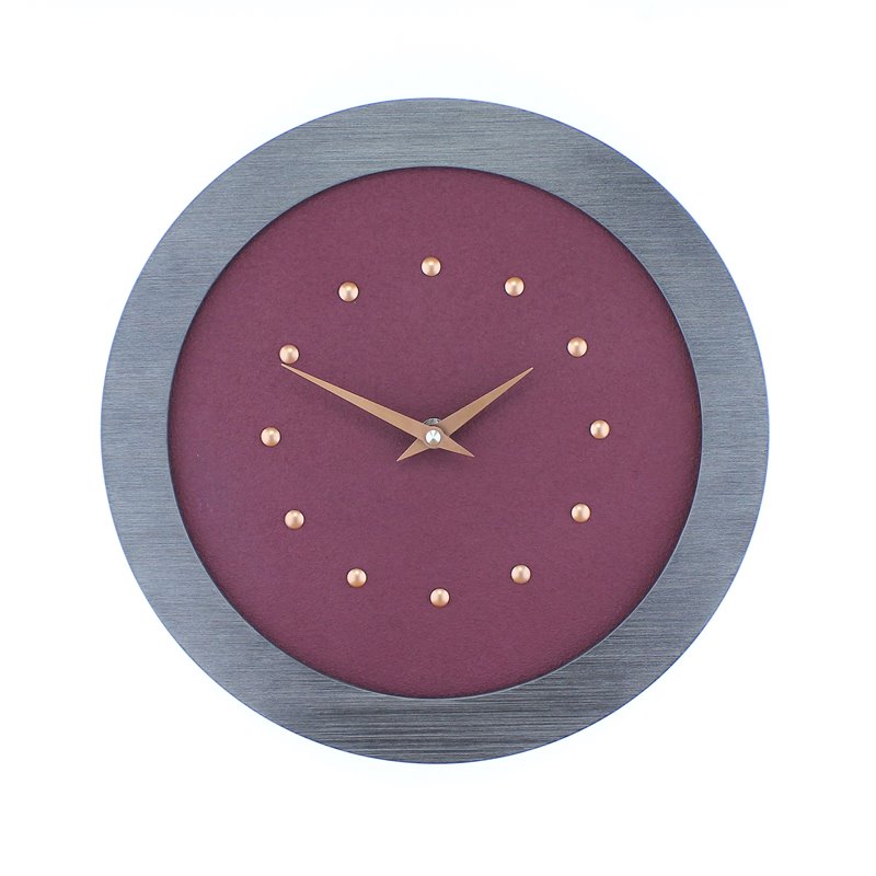 Purple Wall Clock in Pewter Coloured Frame, Copper Studs and Hands.