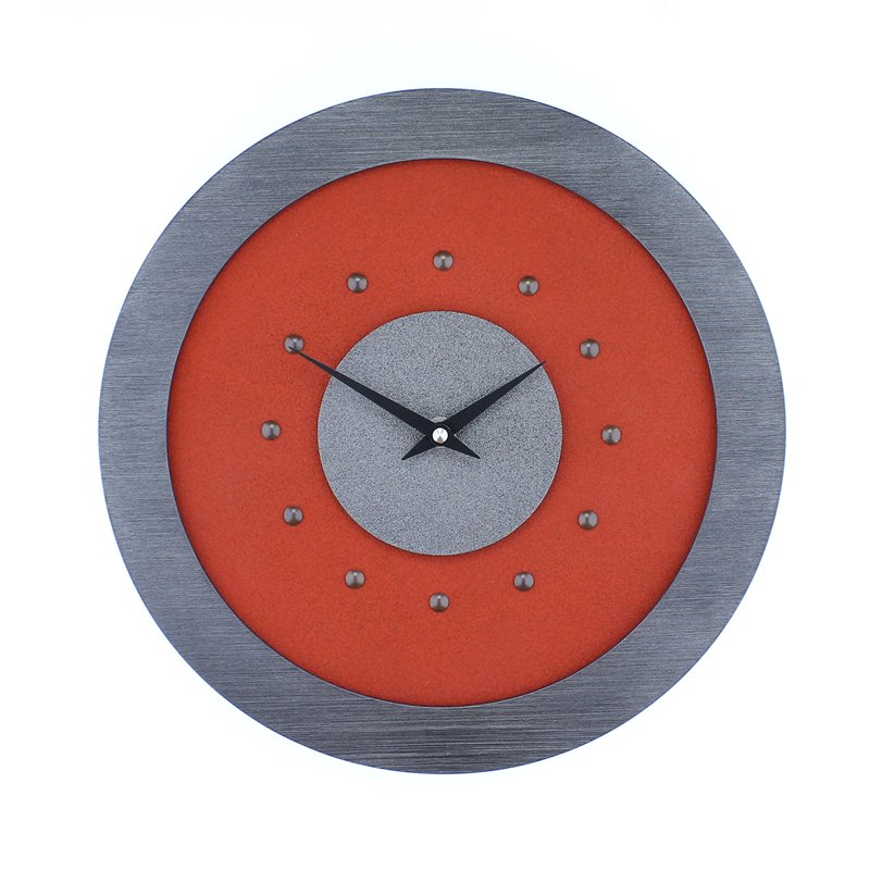 Red Wall Clock with Metallic Grey Centre in Pewter Coloured Frame, Antique Studs and Black Hands.