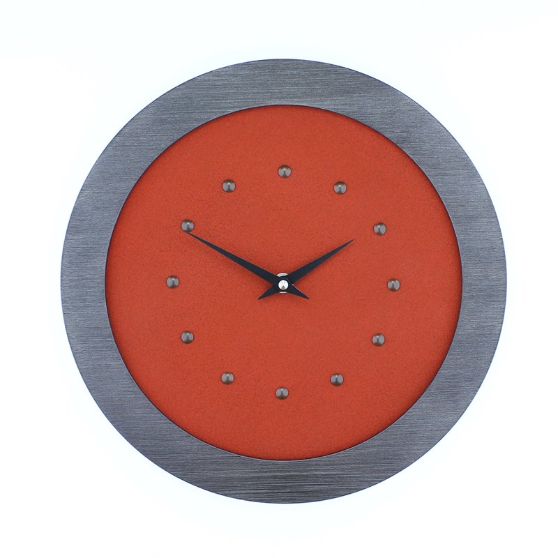 Red Wall Clock in Pewter Coloured Frame, Antique Studs and Black Hands.