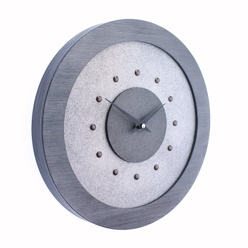 Silver Wall Clock with Metallic Grey Centre in Pewter Coloured Frame, Antique Studs and Black Hands