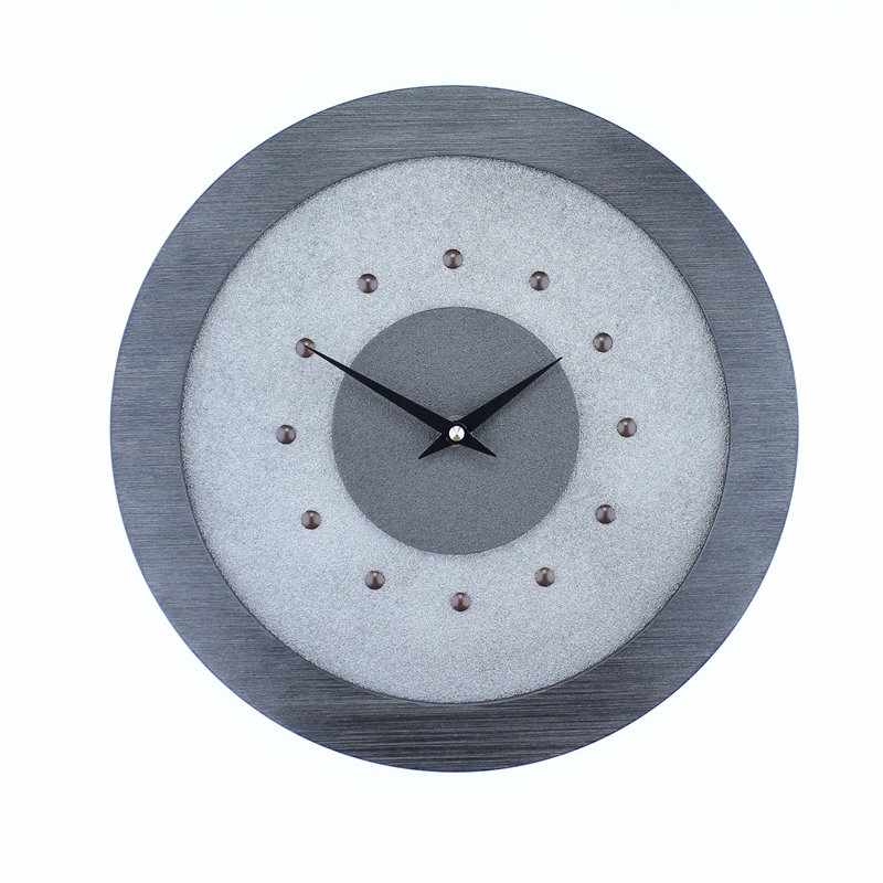 Silver Wall Clock with Metallic Grey Centre in Pewter Coloured Frame, Antique Studs and Black Hands.