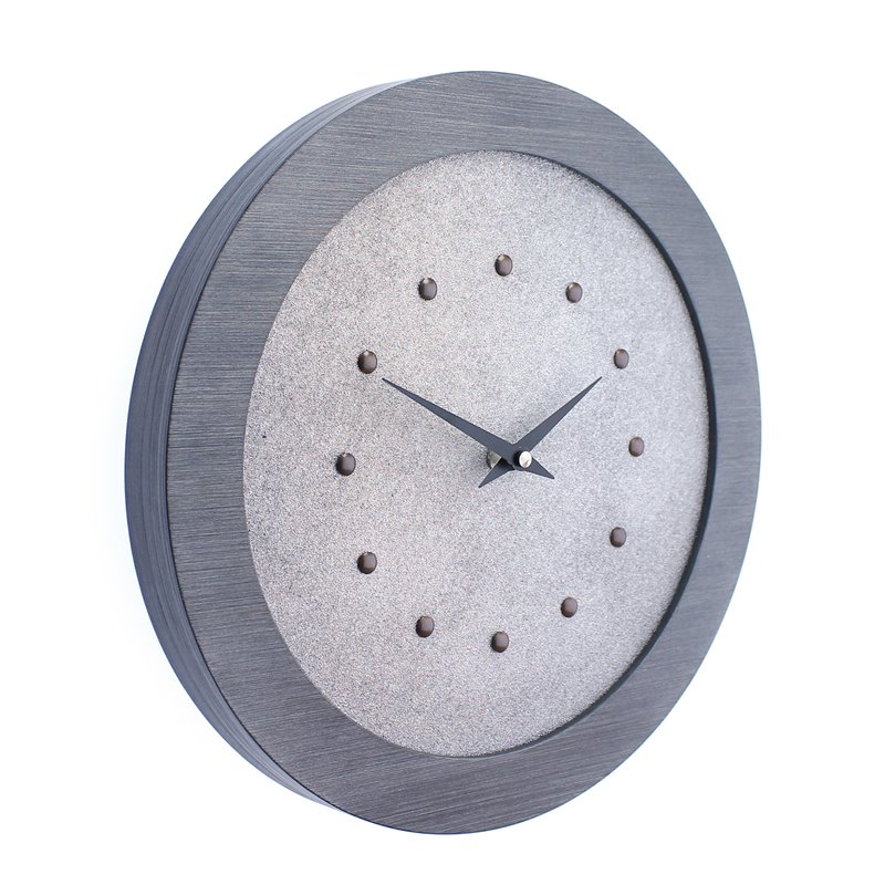 Silver Wall Clock in Pewter Coloured Frame, Antique Studs and Black Hands.