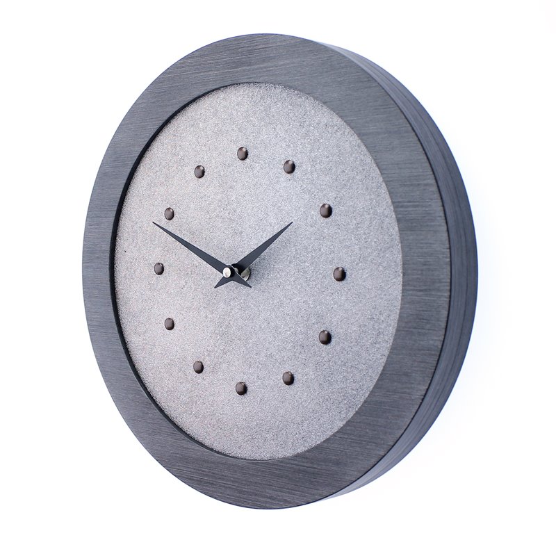 Silver Wall Clock in Pewter Coloured Frame, Antique Studs and Black Hands.