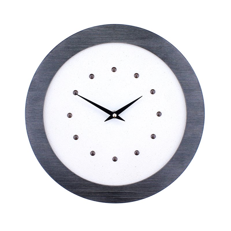 White Wall Clock in Pewter Coloured Frame, Antique Studs and Black Hands.