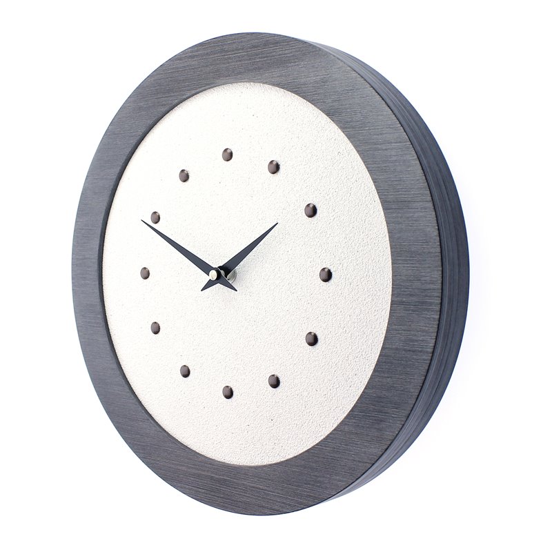 White Wall Clock in Pewter Coloured Frame, Antique Studs and Black Hands.