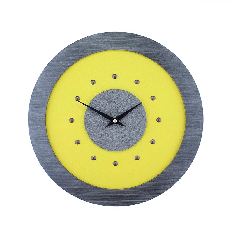 Yellow Wall Clock with Metallic Grey Centre in Pewter Coloured Frame, Antique Studs and Black Hands.