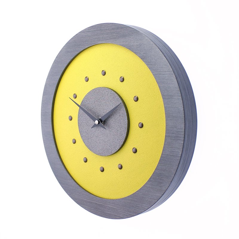 Yellow Wall Clock with Metallic Grey Centre in Pewter Coloured Frame, Antique Studs and Black Hands.