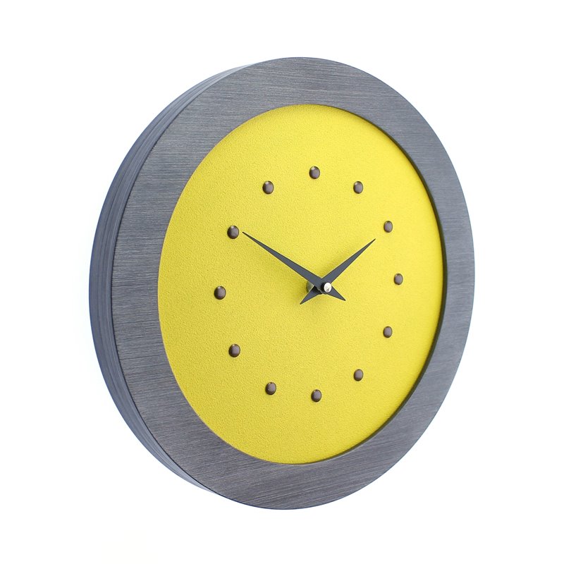 Yellow Wall Clock in Pewter Coloured Frame, Antique Studs and Black Hands.