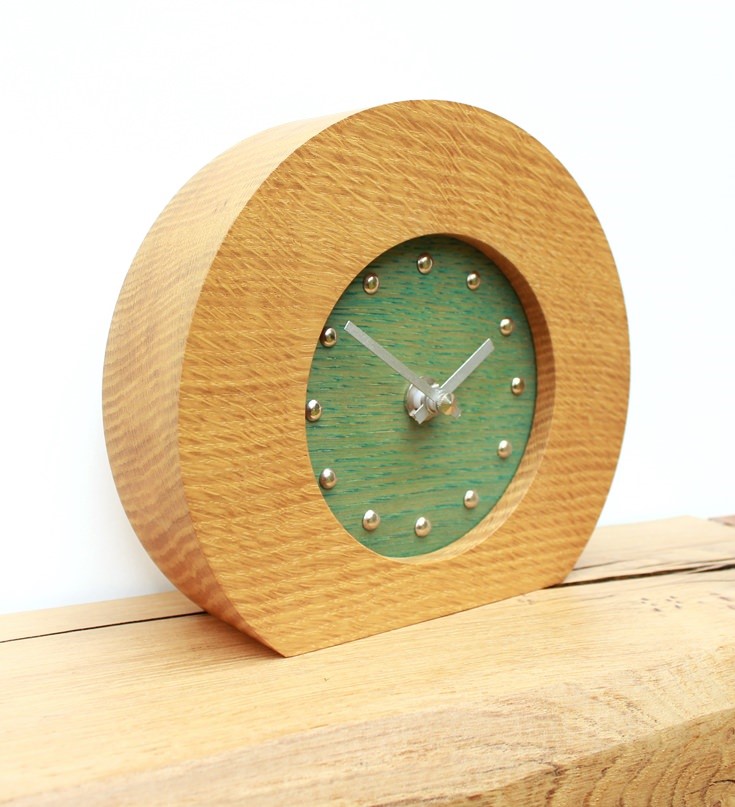 Oak Mantel Clock with A Green Face