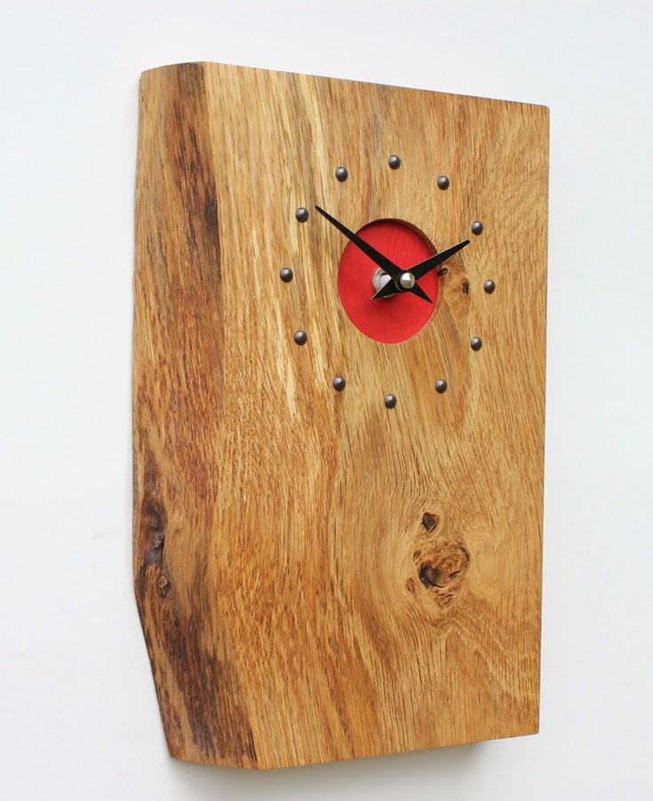 Oblong Oak Wall Clock with Red Face