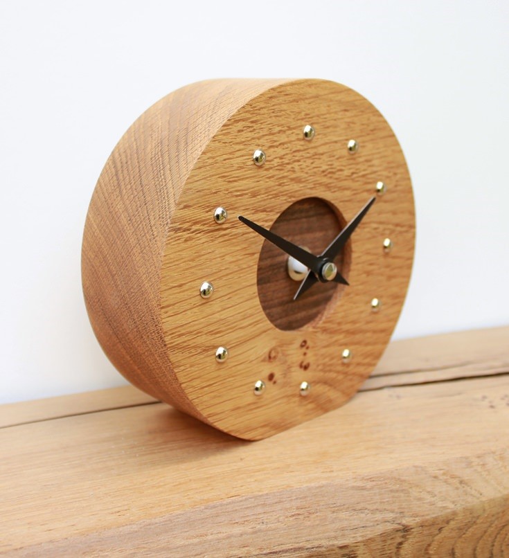 Round Oak Mantel Clock with Walnut face and Silver Studs