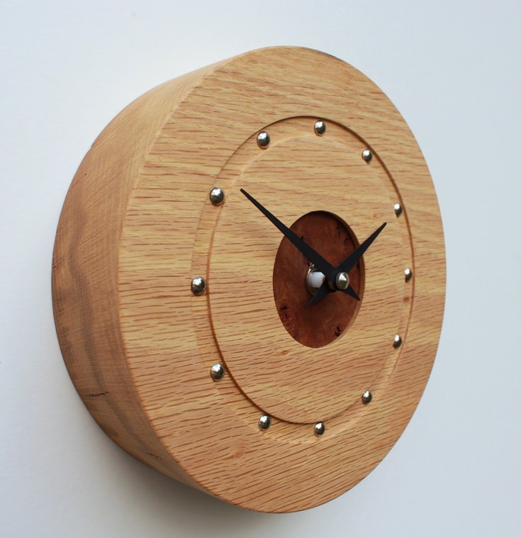 Small Round Oak Wall Clock with Elm Face