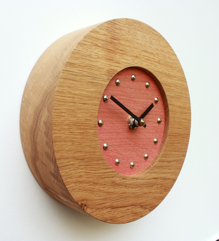 Small Round Oak Wall Clock with Red Face