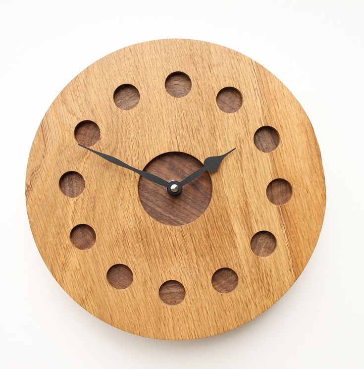 Turned Oak Wall Clock with Inlaid Walnut