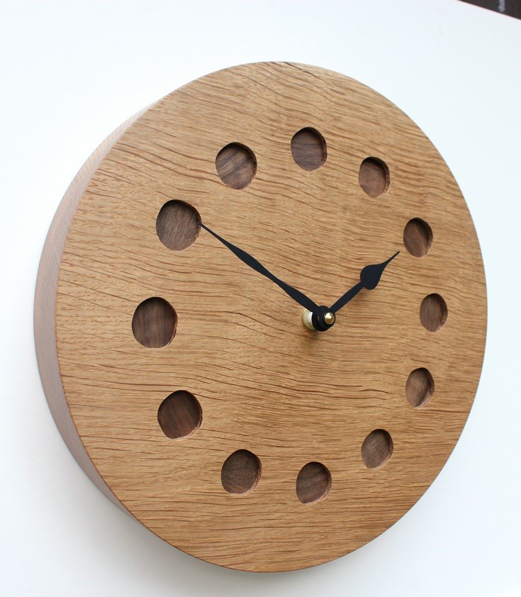 Round Oak Wall Clock with Inlaid Walnut