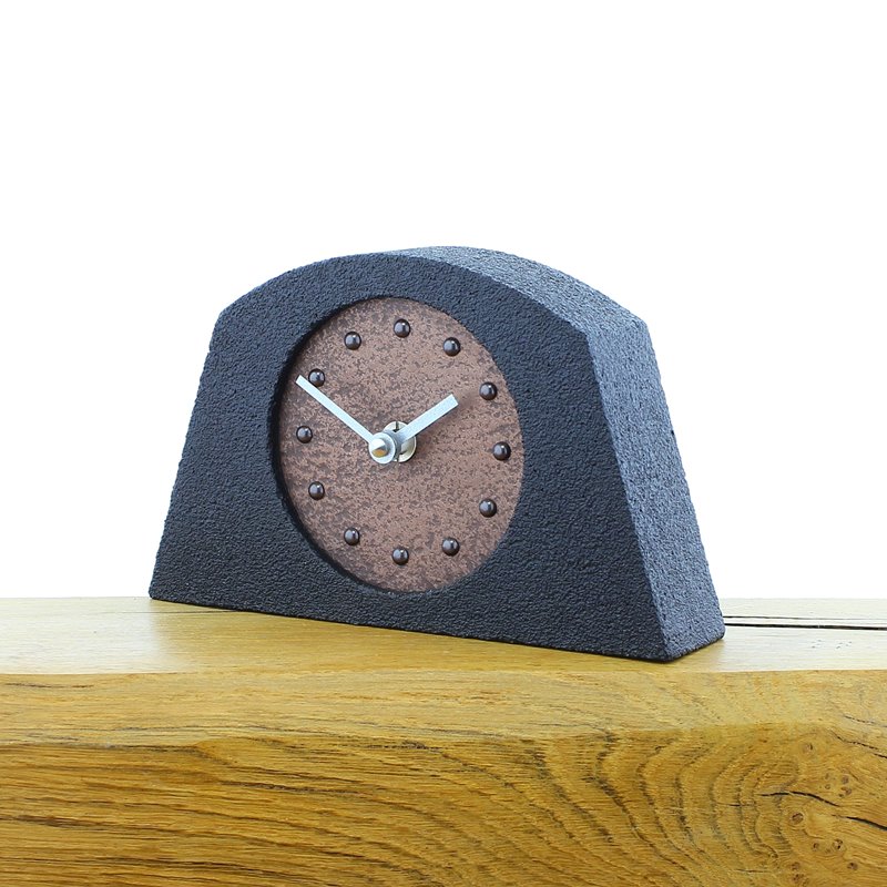 Metallic Styled Desk Clock - Arched Black Frame - Copper Face - Silver Hands