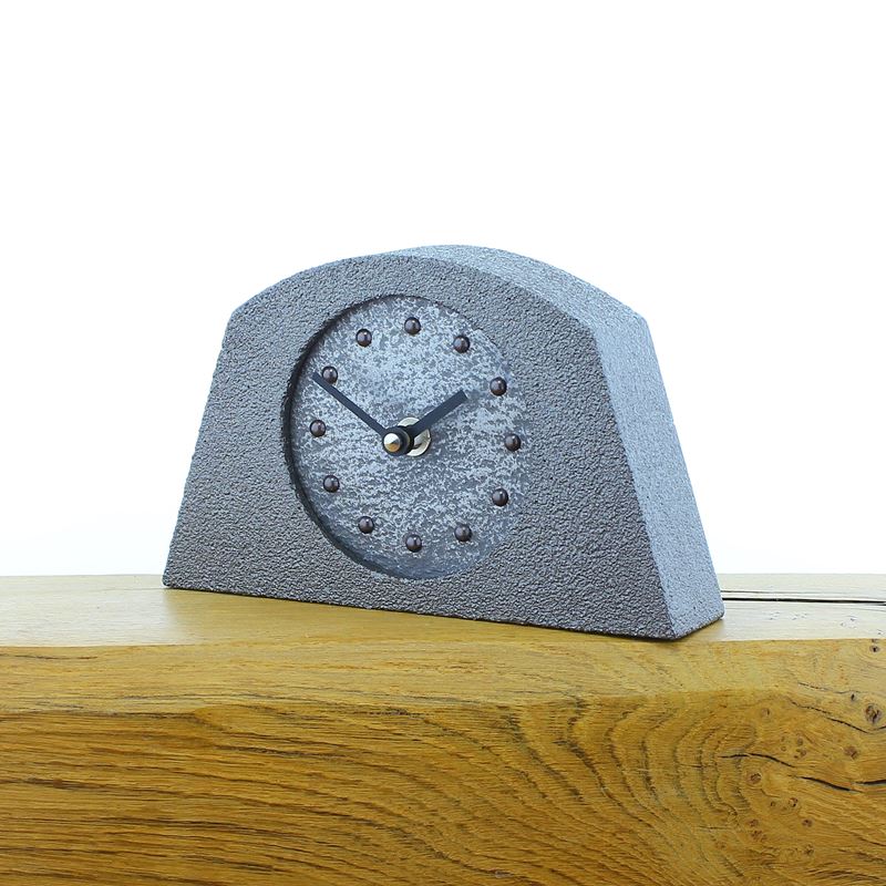 Metallic Styled Desk Clock - Arched Pewter Frame - Aluminium Face - Black Hands