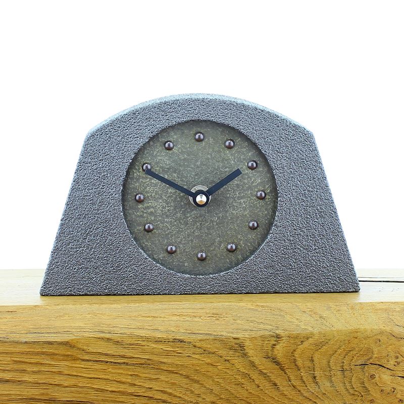 Metallic Styled Desk Clock - Arched Pewter Frame - Brass Face - Black Hands