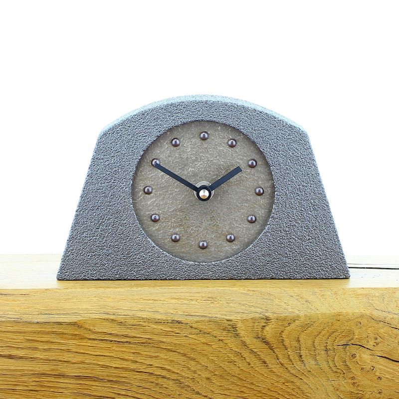 Metallic Styled Desk Clock - Arched Pewter Frame - Bronze Face - Black Hands