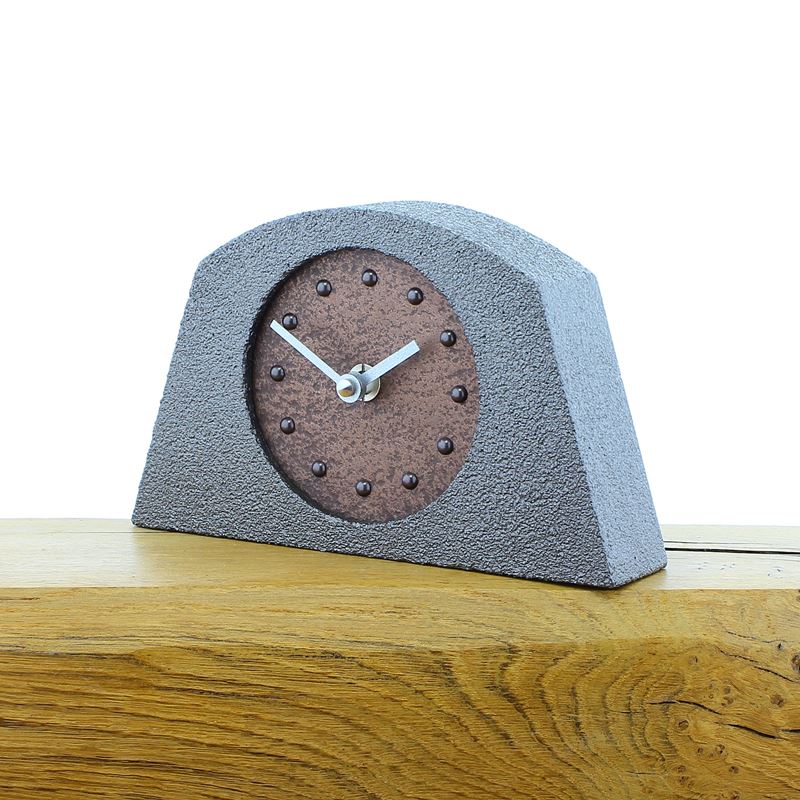 Metallic Styled Desk Clock - Arched Pewter Frame - Copper Face - Black Hands