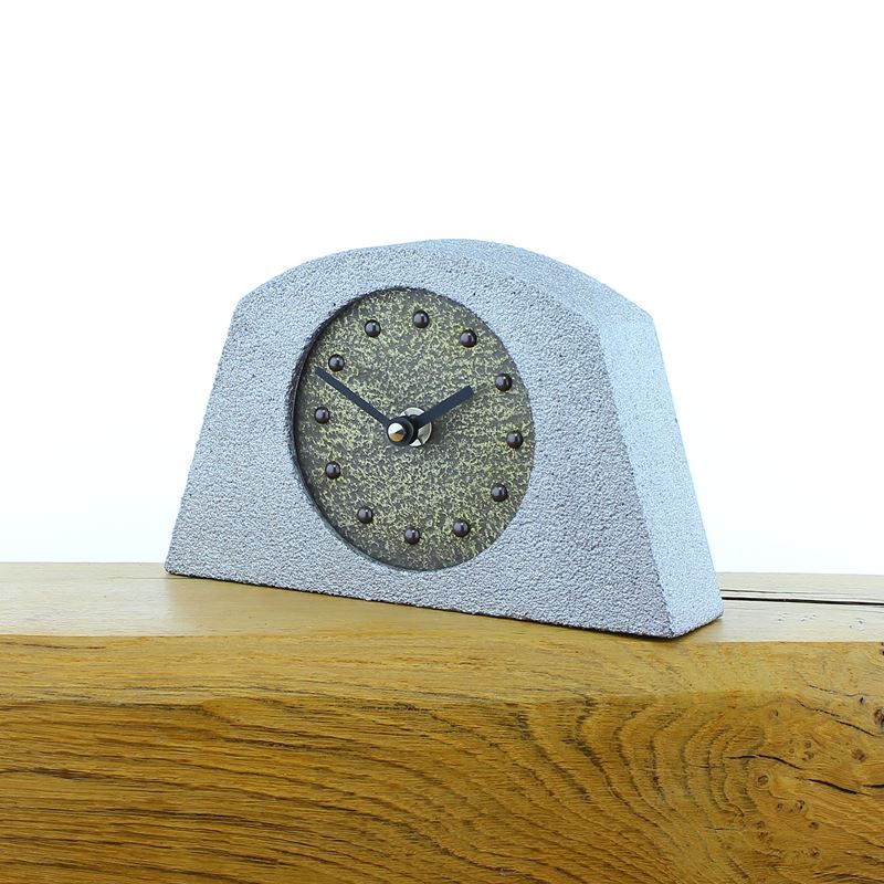 Metallic Styled Desk Clock - Arched Silver Frame - Brass Face - Black Hands