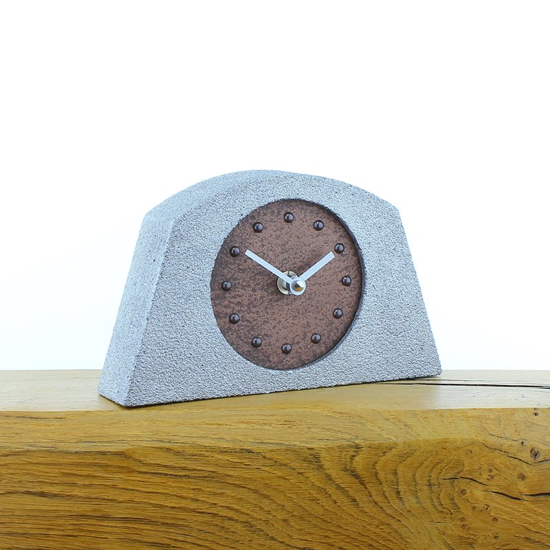 Metallic Styled Desk Clock - Arched Silver Frame - Copper Face - Silver Hands